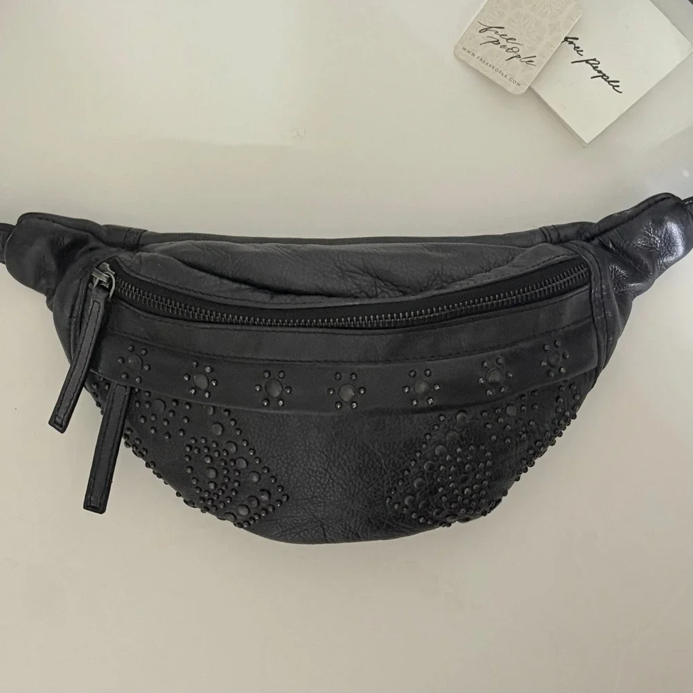 NWT!! FREE PEOPLE Black Leather Ana Adorned Sling Bag Solid Studded Embellished - Picture 5 of 16